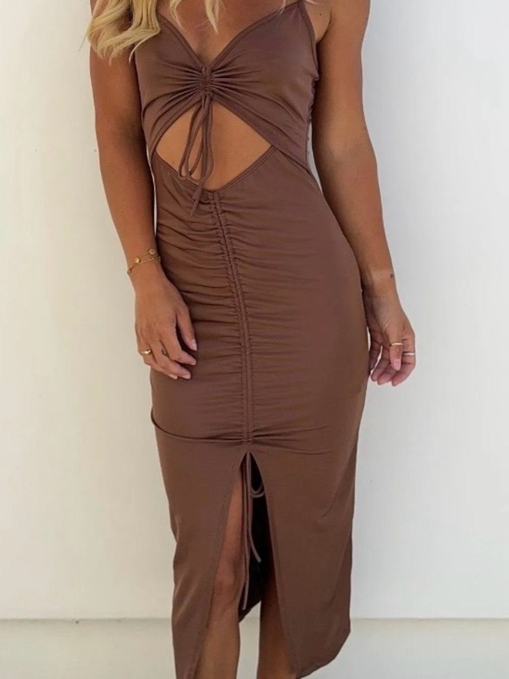 Lovely Day Brown Ruched Cutout Midi Dress